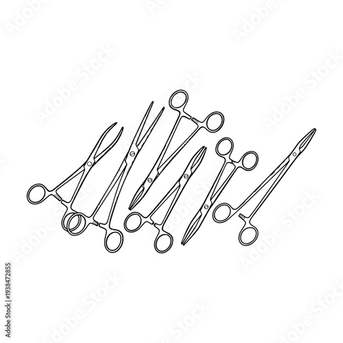 Surgical Clamps Medical Instrument Black and White Vector Illustration, Hemostatic Clamp Surgery Tool Line Art Icon