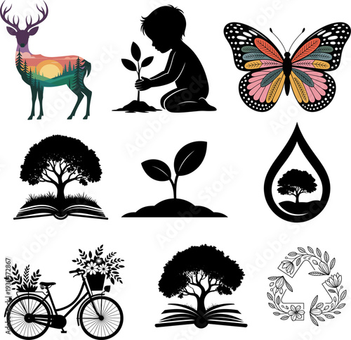 World Environment Day Set of nature themed vector icons with flowers leaves butterflies birds and decorative elements for design
