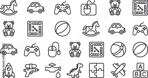 kids, toys, line, icons, set, rocking, horse, toy, car, gamepad, teddy, bear, ball, rocket, dinosaur, puzzle, blocks, airplane, boardgame, collection