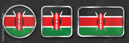 KENYA Metallic Flag Collection, Circular, Square and Rectangular KENYA Flag Badges Set
