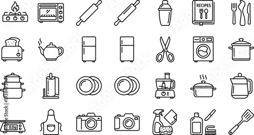 kitchen appliances icons, cooking utensils set, kitchen equipment, home cooking tools, oven, toaster, blender, refrigerator, cookware, kitchen line icons