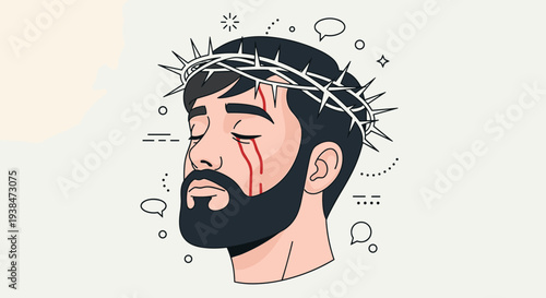 Illustration of a man with a crown of thorns, featuring a modern, minimalist style, suitable for religious themes