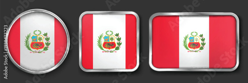 Peru Metallic Flag Collection, Circular, Square and Rectangular Peru Flag Badges Set
