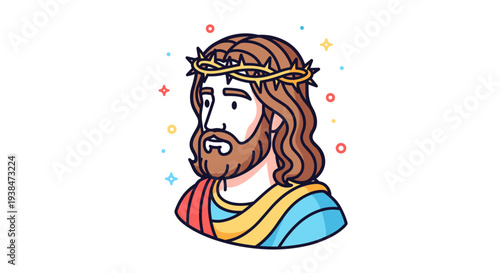 A colorful illustration of a crowned figure with long hair and a beard, in a modern flat style