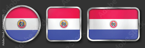 PARAGUAY Metallic Flag Collection, Circular, Square and Rectangular PARAGUAY Flag Badges Set