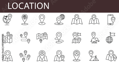 Location, map, navigation, pin, GPS, route, destination, travel, global, tracking, waypoint, geotag, positioning, cartography, marker, smartphone, direction, mapping, interface, icons