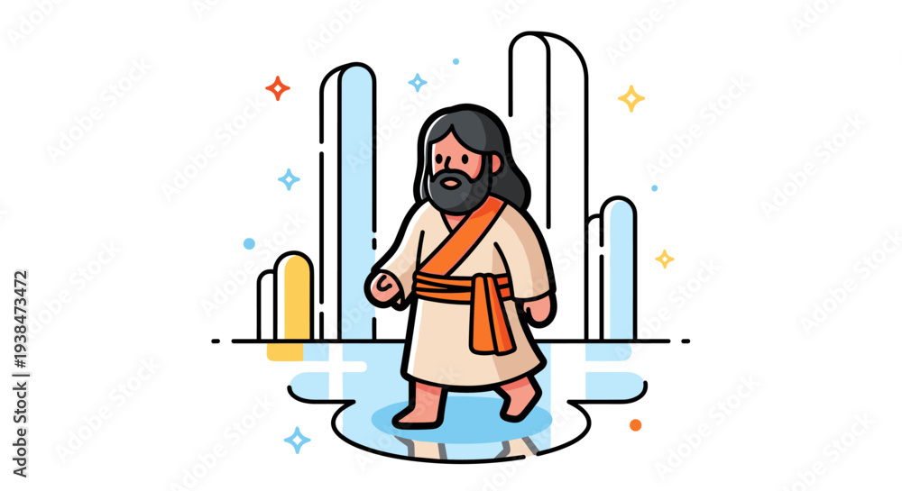 Fototapeta premium A stylized illustration of a figure standing in water, featuring a modern flat design with bright colors