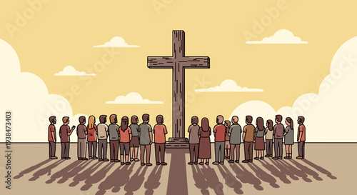 A diverse group of people gathered around a large wooden cross in a minimalist illustration style, suitable for religious themes