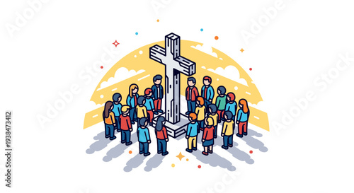 A diverse group of people gathered around a large cross, illustrated in a flat, modern style with soft colors