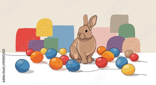 A playful rabbit surrounded by colorful balls and building blocks in a minimalist style, ideal for children's themes