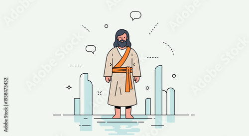 An illustration of a figure in a robe with a belt, depicted in a minimalist style with abstract shapes in the background