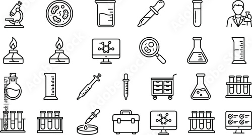 science laboratory icons, chemistry equipment, medical research tools, microscope, test tubes, beaker, flask, pipette, lab analysis, biotechnology
