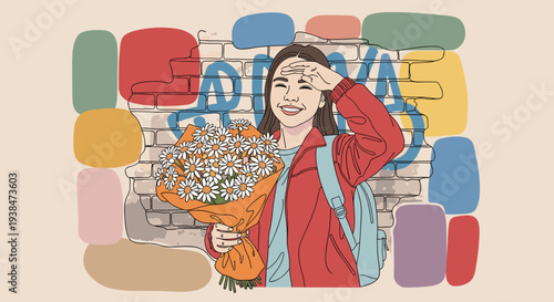 A cheerful girl holding a bouquet of flowers against a colorful graffiti wall, illustrated in a modern flat style