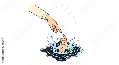 A hand reaching out to assist another hand emerging from water, illustrated in a modern, minimalist style