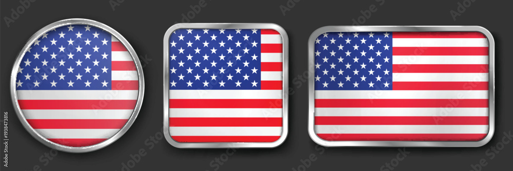Obraz premium United States Metallic Flag Collection, Circular, Square and Rectangular United States Flag Badges Set