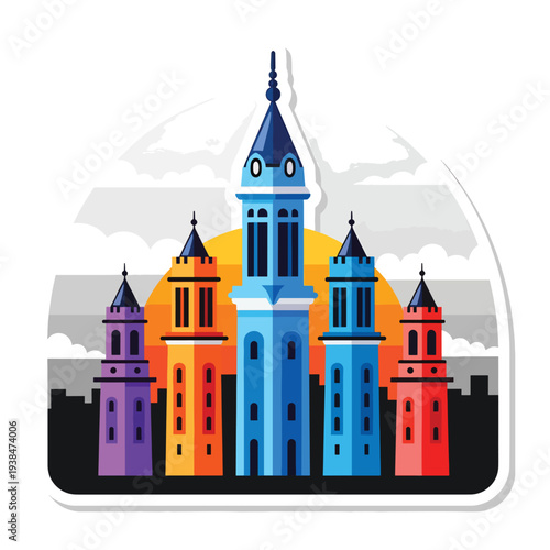 Illustration of vibrant cityscape with diverse towers and spires against a colorful sunset backdrop