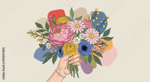 A vibrant bouquet of colorful flowers held in a hand, illustrated in a modern, flat style
