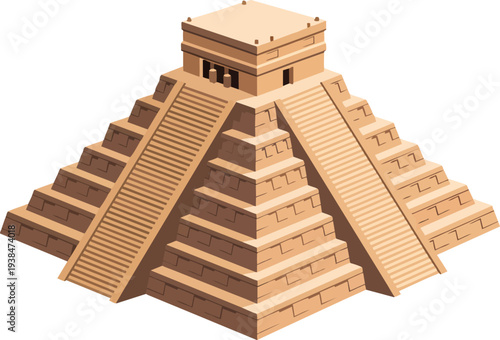 Detailed illustration of the ancient Mayan pyramid El Castillo at Chichen Itza, showcasing its stepped architecture and temple structure.