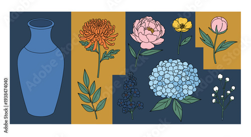 A vibrant collection of hand-drawn flowers and a vase in a modern, flat design style, ideal for floral illustrations