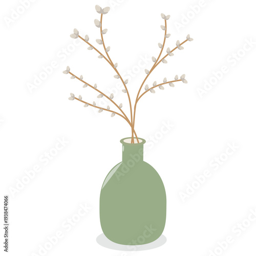 Minimal vector illustration of pussy willow branches in a green vase. Spring botanical decor in Scandinavian style on light background.