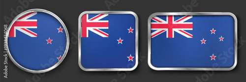 NEW ZEALAND Metallic Flag Collection, Circular, Square and Rectangular NEW ZEALAND Flag Badges Set
