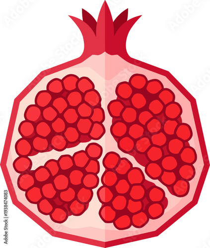 A vibrant, stylized illustration of a pomegranate cut in half, revealing its juicy red arils and internal structure.