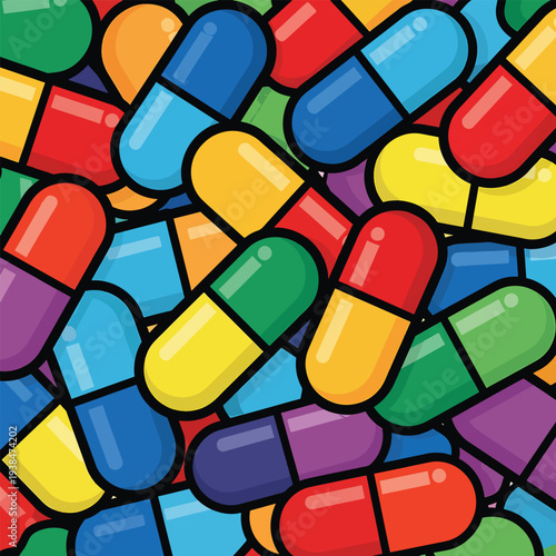 Assorted colorful capsules scattered in a chaotic pile, viewed from directly above, showcasing various vibrant hues and shapes