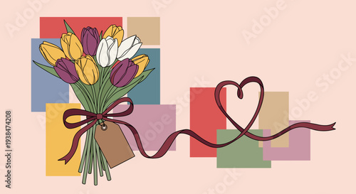 A colorful bouquet of tulips tied with a ribbon, featuring a modern flat design style and playful background shapes
