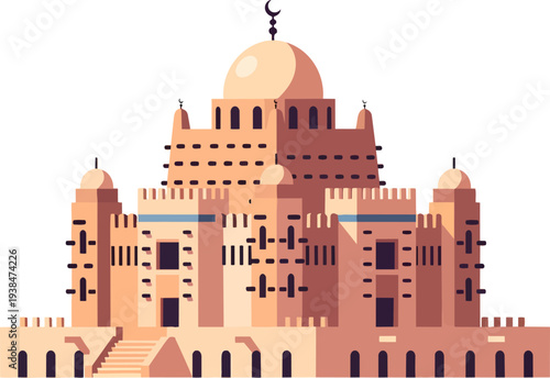 Stylized flat design illustration of an ancient Middle Eastern mosque with a large dome and minarets, featuring intricate details and a crescent moon.