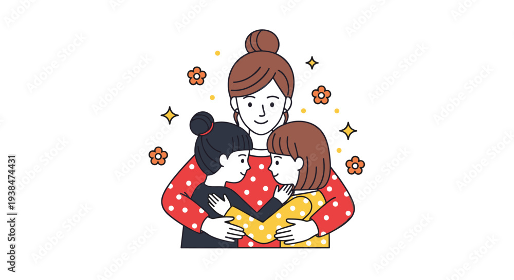 Fototapeta premium A warm illustration of a mother embracing her two children, featuring a colorful, flat design style