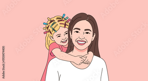 A cheerful mother and daughter duo, illustrated in a minimalist style against a pastel background, perfect for family themes