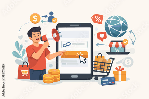 Affiliate marketing and referral program concept with man using megaphone and smartphone. Digital advertising, online sales, e-commerce network, and passive income generation vector illustration.