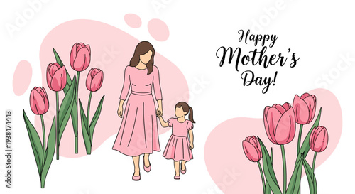 A heartwarming illustration of a mother and daughter celebrating Mother's Day, featuring pink tulips in a modern flat style
