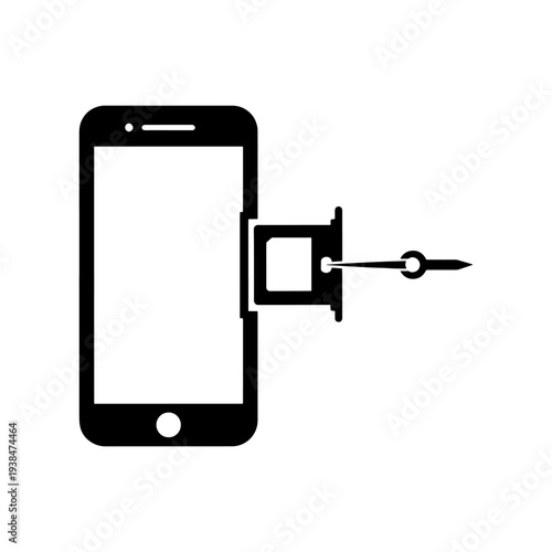 A black smartphone with an open sim card tray and ejector tool silhouette
