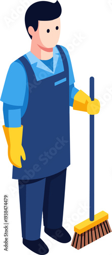 Janitor holding broom cleaning service flat vector illustration