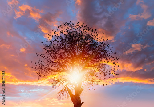 Tablou pe pânză Silhouette of birds flying over the lone dead tree at amazing sunset, sun rays i