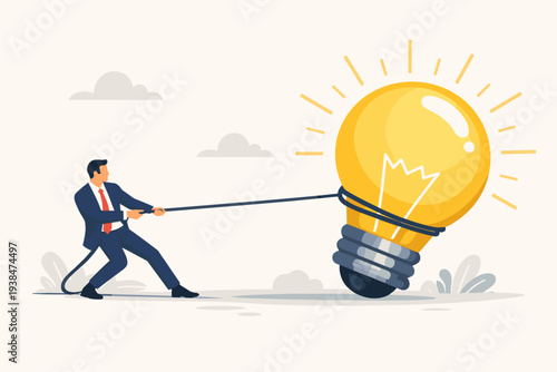 Businessman pulling a giant glowing light bulb with a rope, symbolizing a big business idea, innovation, inspiration, creative effort, and the hard work required for a successful startup concept.