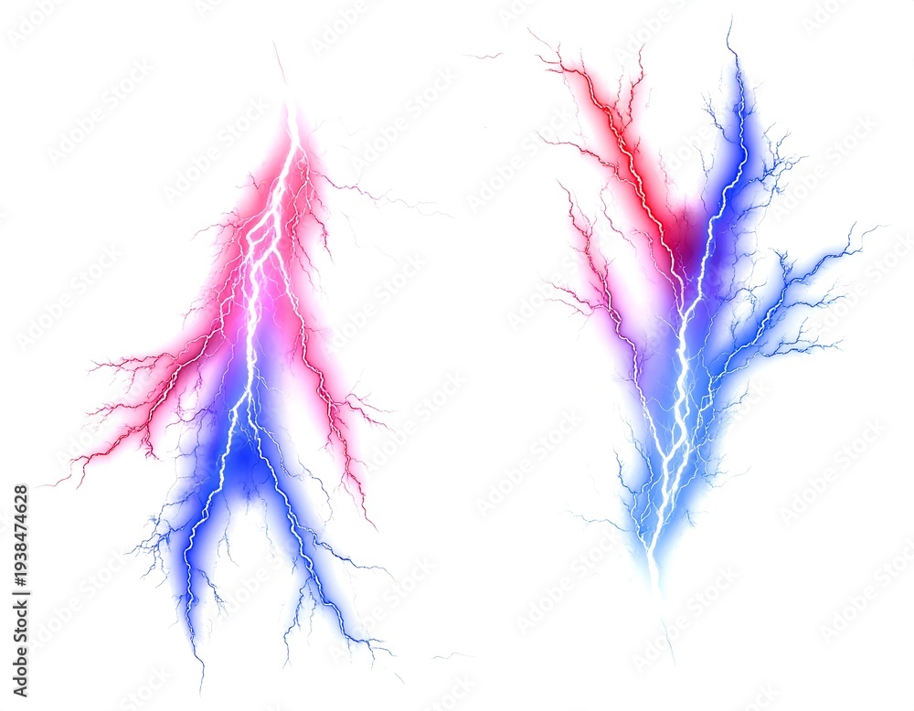 Fototapeta premium Two lightning strikes one pink fading to blue, the other red fading to blue, on a white background