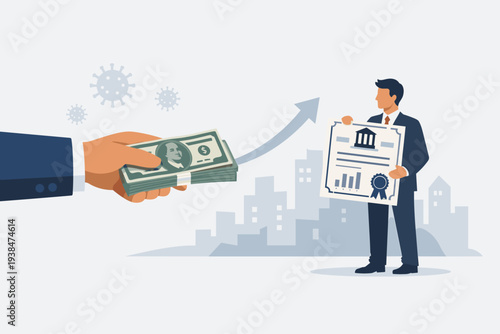 Federal Reserve Fed buying corporate bonds to support market liquidity during Coronavirus COVID-19 economic crisis, hand holding cash dollars and businessman with bond certificate in city.