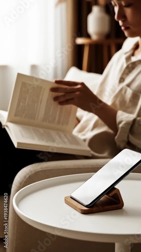 Person reading book by window with smartphone on side table