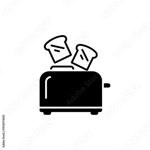 A minimalist depiction of a toaster ejecting two pieces of toast in black silhouette