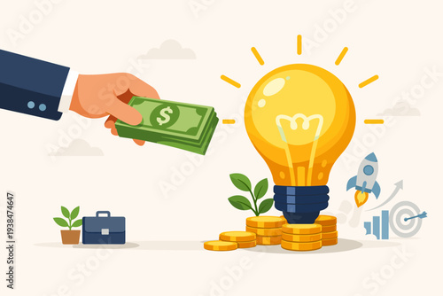 Investor hand giving money to glowing light bulb idea for startup funding and venture capital. Business growth concept with coins, rocket, and target for financial support and innovation success.