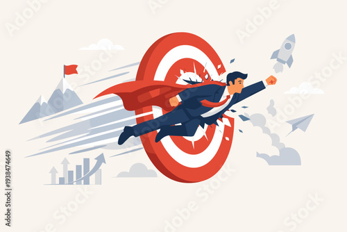 Successful Superhero Businessman Flying Through Bullseye Target for Goal Achievement, Business Leadership, Ambition, and Career Growth Concept with Rocket and Mountains Background Illustration