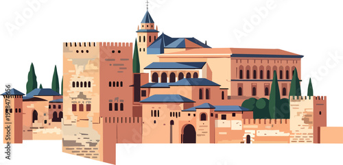 Alhambra Palace Vector Illustration Ancient Moorish Architecture Spain