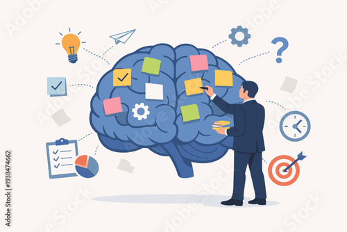 Businessman organizing ideas with colorful sticky notes on a giant blue brain, illustrating brainstorming, productivity, task management, mind mapping, creative planning, and strategic memory.