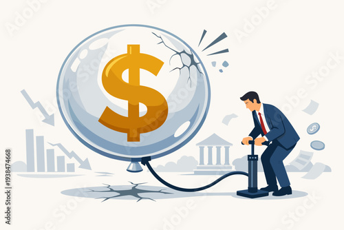 Vector illustration of a businessman inflating a dollar bubble that is cracking, symbolizing financial crisis, economic inflation, overvalued stock market, and the risk of a sudden market crash.