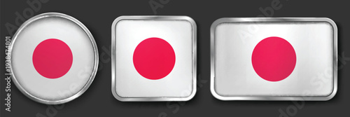 JAPAN Metallic Flag Collection, Circular, Square and Rectangular JAPAN Flag Badges Set