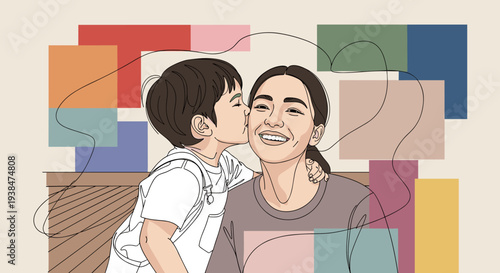 A heartwarming illustration of a mother and child sharing a loving moment, featuring a modern flat design style