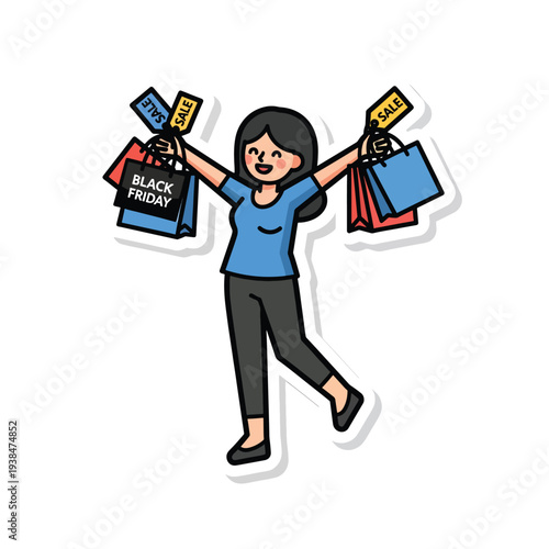 Woman excitedly holding shopping bags and price tags on Black Friday sale