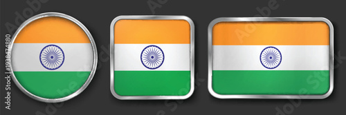 INDIA Metallic Flag Collection, Circular, Square and Rectangular INDIA Flag Badges Set